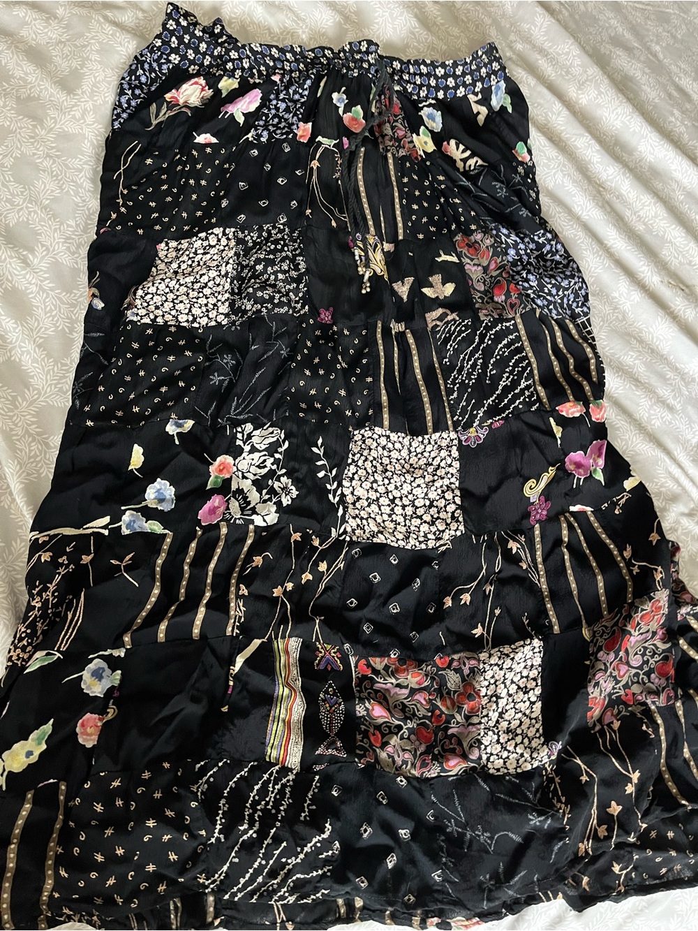 Black Patchwork Floral Maxi Skirt - Lightweight Women’s Skirt